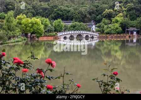 Pool mit schwarzem Drachen und Suocui-Brücke im Jade Spring Park von Lijiang, Yunnan, China, Asien Stockfoto