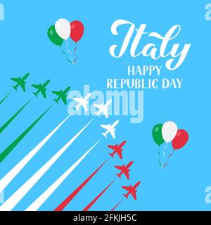 Tag der Italienischen Republik 2. Juni in handbeschriftetem Schriftzug mit Flugzeugen und Flugshow am Himmel. Einfache Vektorvorlage für Typografie-Poster, Banner, Flyer zu bearbeiten Stock Vektor