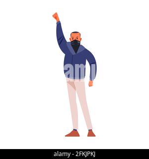 Protestierend gegen einen erwachsenen Mann mit erhobener Faust und schwarzer Maske. Straßenaufstände, Treffen und Demonstrationen. Cartoon-Figur flach Stil Vektor Stock Vektor