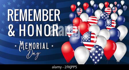 „Remember and Honor“, „Memorial Day“-Banner mit Luftballons, die in den Himmel fliegen. Feier-Design für amerikanischen Urlaub mit USA-Flagge in Ballons und Text Stock Vektor