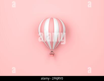 Heißluftballon mit rosa und weißen Streifen auf pastellrosa Hintergrund. Minimales Ideenkonzept, 3d-Rendering Stockfoto