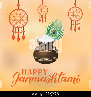 Traditionelle hinduistische Festival Vektor-Illustration mit Handschriftzug Happy Janmashtami . Einfach zu bearbeitende Vorlage für Typografie Poster, Banner, Flyer, Inv Stock Vektor