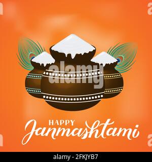 Traditionelle hinduistische Festival Vektor-Illustration mit Handschriftzug Happy Janmashtami . Einfach zu bearbeitende Vorlage für Typografie Poster, Banner, Flyer, Inv Stock Vektor