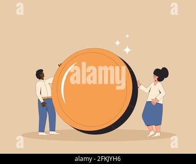 Familienbudget. Menschen mit Einkommen. Mann und Frau stehen zusammen mit Geld. Junge männliche und weibliche Charaktere stehen mit einer riesigen Goldmünze. Vektor Stock Vektor