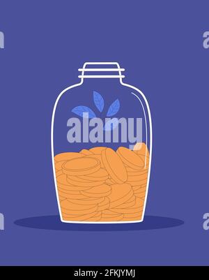 Geldbox. Einsparungen. Glas mit Münzen und Baum. Vektorfarbe Linie Kunst Illustration. Stock Vektor