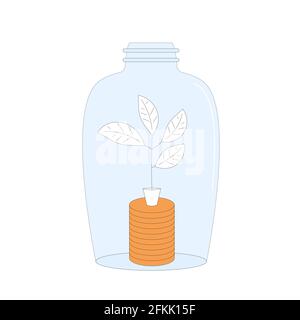 Geldbox. Einsparungen. Glas mit Münzen und Baum auf weißem Hintergrund isoliert. Vektorfarbe Linie Kunst Illustration. Stock Vektor