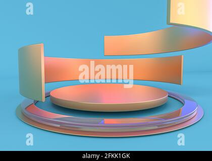 Abstrakte Komposition mit Podium. Minimales Studio. Futuristischer blauer Hintergrund im Innenraum. 3D-Rendering Stockfoto