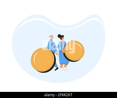 Menschen mit Münzen. Mann und Frau stehen zusammen mit Geld. Junge männliche und weibliche Charaktere stehen mit riesigen Münzen. Vektor Farbe Linie Kunst illus Stock Vektor