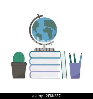 Globus auf einem Stapel von Büchern, Bleistiften und Kakteen auf isoliert auf Weiß. Zurück zur Schule flache Vektor-Illustration. Arbeitsplatz des Studenten. Bildung und l Stock Vektor