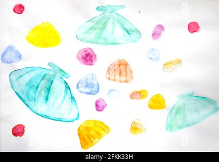 Bunte Muscheln, Jakobsmuscheln auf weißem Hintergrund. Zeichnen mit Aquarell. Stockfoto