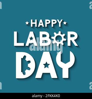 Happy Labor Day Schriftzug auf blauem Hintergrund. Einfach zu bearbeitende Vektorvorlage für Typografie-Poster, Logo-Design, Banner, Flyer, Postkarte, Grußkarte, Stock Vektor