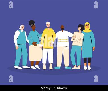 Eine Gruppe von verschiedenen Menschen, die zusammen stehen. Multirassische und multikulturelle Charaktere in legerer Kleidung. Menschen unterschiedlichen Alters und Geschlechts. Stock Vektor