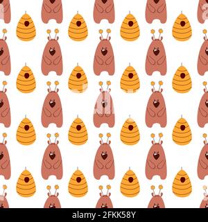 Nahtloses Muster mit Bär und Bienenstock. Vektorgrafik. Stock Vektor