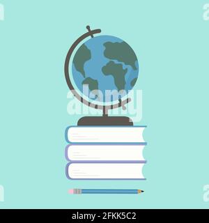 Globus auf einem Stapel Bücher und Bleistift auf mintgrünem Hintergrund. Flache Vektorgrafik. Arbeitsplatz des Studenten. Zurück zur Schule. Bildung und Lernen Stock Vektor
