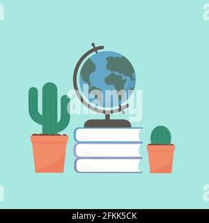 Globus auf einem Stapel Bücher und Kaktus auf mintgrünem Hintergrund. Arbeitsplatz des Studenten. Bildungs- und Lernkonzept. Leicht zu bearbeitende Designvorlage. Stock Vektor