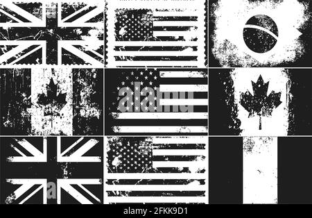 Set von notleidenden Grunge Flaggen von Großbritannien, USA, Kanada, Deutschland, Brasilien. EPS8-Vektorgrafik. Stock Vektor