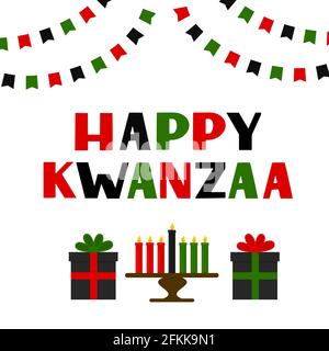 Happy Kwanzaa Handschriftzug mit Fahnen, Kerzen und Geschenkschachteln. Afroamerikanischer Feiertag. Vektor-Vorlage für Typografie Poster, Banner, Gruß Auto Stock Vektor