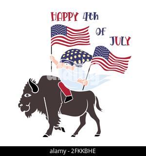 GNOME Reiten Bison und halten Amerika Flagge mit Happy 4. Juli Text. vektor-Illustration Stock Vektor