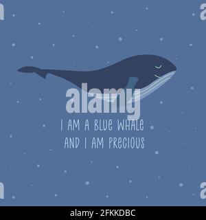 Süßes Lächeln Blauwal. Farbenfrohe Vektorgrafik von Hand gezeichnet. Wildtiere, Säugetiere aus dem Meer. Die Inschrift ruft zum Schutz und zur Pflege auf. Poster mit Blau Stock Vektor