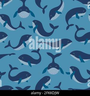 Nahtloses Muster mit blauen Glückwalen auf blauem Hintergrund. Farbenfrohe Vektorgrafik von Hand gezeichnet. Wildtiere, Säugetiere aus dem Meer. Zum Einwickeln drucken Stock Vektor
