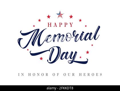 Happy Memorial Day USA kalligraphisches Logo. Isolierte abstrakte Grafik-Design-Vorlage. US-Farben, Sterne und Bürstenbuchstaben. Dekorative Bürste Calligrap Stock Vektor