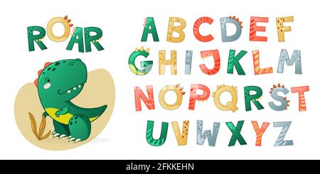 Cartoon niedlichen Dinosaurier Alphabet. Dino Schrift mit Buchstaben. Kinder Vektor-Illustration für T-Shirts, Karten, Poster, Geburtstagsfeiern, Papierdesign, Kinder- und Kinderzimmer-Design Stock Vektor