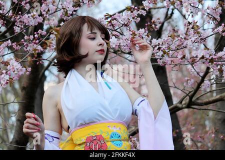 Hübsches Mädchen in einem traditionellen japanischen Kleid posiert auf dem Hintergrund von Sakura Blumen. Kirschblütensaison in Moskau Botanischer Garten im Frühling Stockfoto