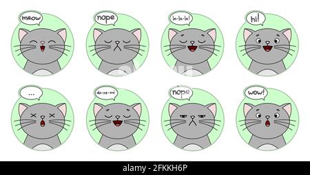 Vektor-Set von niedlichen lustigen Emoticons Katzen. Emoji Katzen Set. Ein Set für soziale Netzwerke, Messenger und Chats. Verschiedene lächelt mit Lachen, Überraschung, traurig Stock Vektor