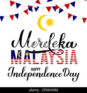 Merdeka Malaysia - Unabhängigkeitstag in malaysischer Sprache. Nationaler Feiertag. Vektor-Vorlage für Typografie Poster, Banner, Grußkarte, Flyer, etc. Stock Vektor