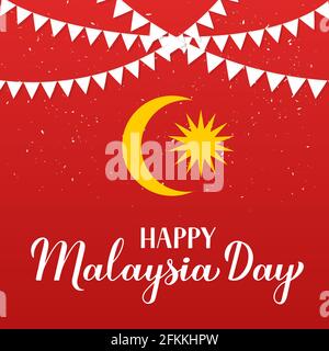 Happy Malaysia Day Kalligraphie Handschriftzug auf rotem Hintergrund mit Fahnen. Nationalfeiertag am 16. September. Vektorvorlage für Typografie Stock Vektor
