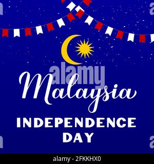 Malaysia Independence Day Kalligraphie Handschriftzug mit Fahnen auf blauem Hintergrund. Nationalfeiertag am 31. August. Vektorvorlage für Tippfehler Stock Vektor