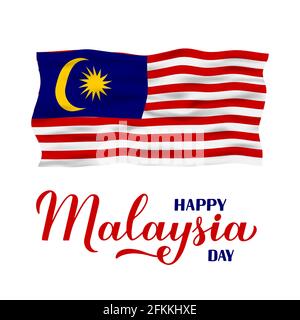 Happy Malaysia Day Kalligraphie Handschriftzug mit Fahne isoliert auf weiß. Nationalfeiertag am 16. September. Vektorvorlage für Typografie Stock Vektor