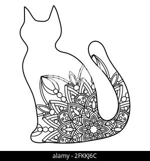 Doodle Katze Mandala in schwarz und weiß für Erwachsene Malbücher, monocrome Tier Vektor-Muster. Anti-Stress-Design. Stock Vektor