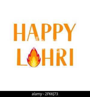 Happy Lohri Schriftzug mit Feuer isoliert auf weißem Hintergrund. Traditionelles indisches Fest der Wintersonnenwende. Plakat zur hinduistischen Feier. Vektortemplatt Stock Vektor