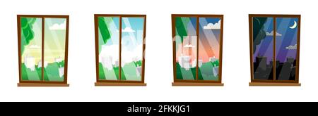 Fenster mit verschiedenen Tageszeiten, Sommer, Landschaft. Morgen, Tag, Abend, Nacht vor dem Fenster. Moderne flache Cartoon-Stil Vektor-Illustration Stock Vektor