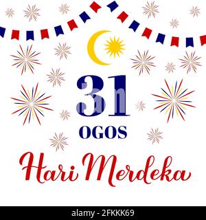 Hari Merdeka - Unabhängigkeitstag August 31 Schriftzug in malaysischer Sprache. Nationalfeiertag in Malaysia. Vektorvorlage für Typografie Poster, Banner Stock Vektor