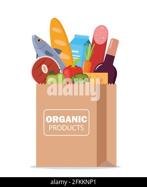 Papierverpackung mit frischen gesunden Produkten. Bio-Lebensmittel vom Bauernhof. Gemüse, Brot, Milchprodukte, Reben, Fleisch, Fisch und Obst. Lieferung von Lebensmitteln. Stock Vektor