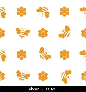 Nahtloses Muster mit Bienen und Waben auf weißem Hintergrund. Kleine Wespe. Vektorgrafik. Entzückende Cartoon-Figur. Vorlagendesign für Stock Vektor