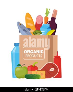 Papierverpackung mit frischen gesunden Produkten. Bio-Lebensmittel vom Bauernhof. Gemüse, Brot, Milchprodukte, Reben, Fleisch, Fisch und Obst. Lieferung von Lebensmitteln. Stock Vektor