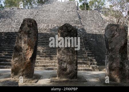 Maya-Pyramide und Stela in Calakmul Stockfoto