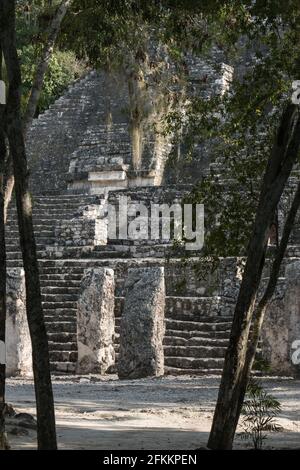 Pyramide und Maya-Stelen in Calakmul Stockfoto