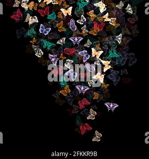 Fliegende bunte Schmetterlinge auf schwarzem Hintergrund. Vektorgrafik Stock Vektor