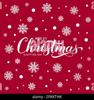 Fröhliche Weihnachten und frohes Neues Jahr Kalligraphie Handschriftzug mit Schneeflocken auf rotem Hintergrund. Urlaub Zitat Hand mit Pinsel geschrieben. Vektortempla Stock Vektor