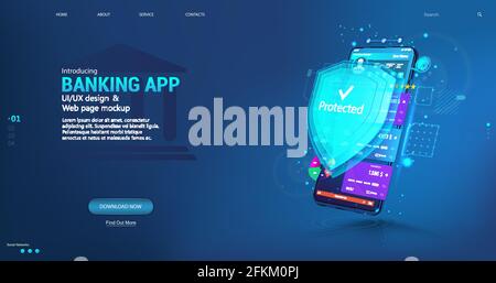 Online Banking App und Datenschutz und Geldschutz. Web-Zahlung mit Kreditkarte NFC-Technologie und hohe Zahlungssicherheit Stock Vektor