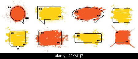 Orangene und gelbe Farbkompositionen mit Rahmen, Textfeld. Zitat Box Sprachvorlage, schmutziges Design, Logo Textur Vorlage. Isoliertes Set spritzt ein Stock Vektor