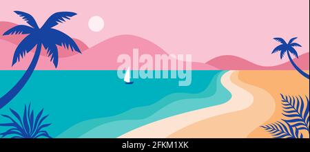 Sommerlicher Spaß Konzept Design. Kreativer Hintergrund der Landschaft, Panorama des Meeres und Strand auf Luftballon. Sommerverkauf, Post-Vorlage Stock Vektor