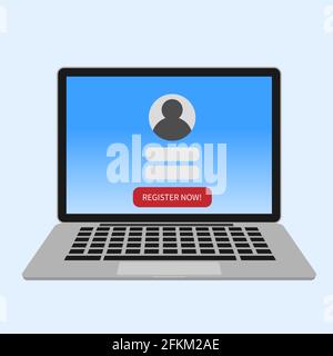 Neues Konto registrieren. Anmeldeseite auf dem Computerbildschirm. Laptop mit Authentifizierungsschnittstelle. Erstellen eines Kontos in sozialen Medien oder auf einer Website. Registrieren Stock Vektor