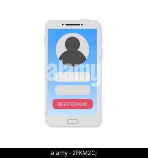 Neues Konto registrieren. Anmeldeseite auf dem Smartphone-Bildschirm. Mobiltelefon mit Authentifizierungsschnittstelle. Erstellen eines Kontos in sozialen Medien oder auf einer Website. Stock Vektor