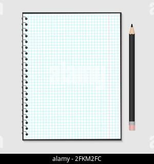 Geöffnetes Notizbuch mit Metallspirale und Bleistift isoliert auf grau. Leeres kariertes Papierblatt. Schreibwaren für Bildung und Wirtschaft. Realistischer Vektor Stock Vektor