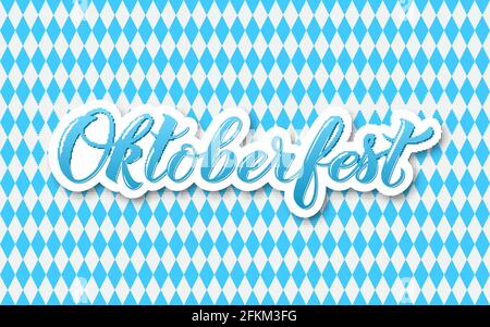 Oktoberfest 3d Kalligraphie Handschriftzug auf blau-weißem kariertem Hintergrund. Bayerisches Bierfest. Vektor-Vorlage für Ihr Logo-Design, Poster, BA Stock Vektor
